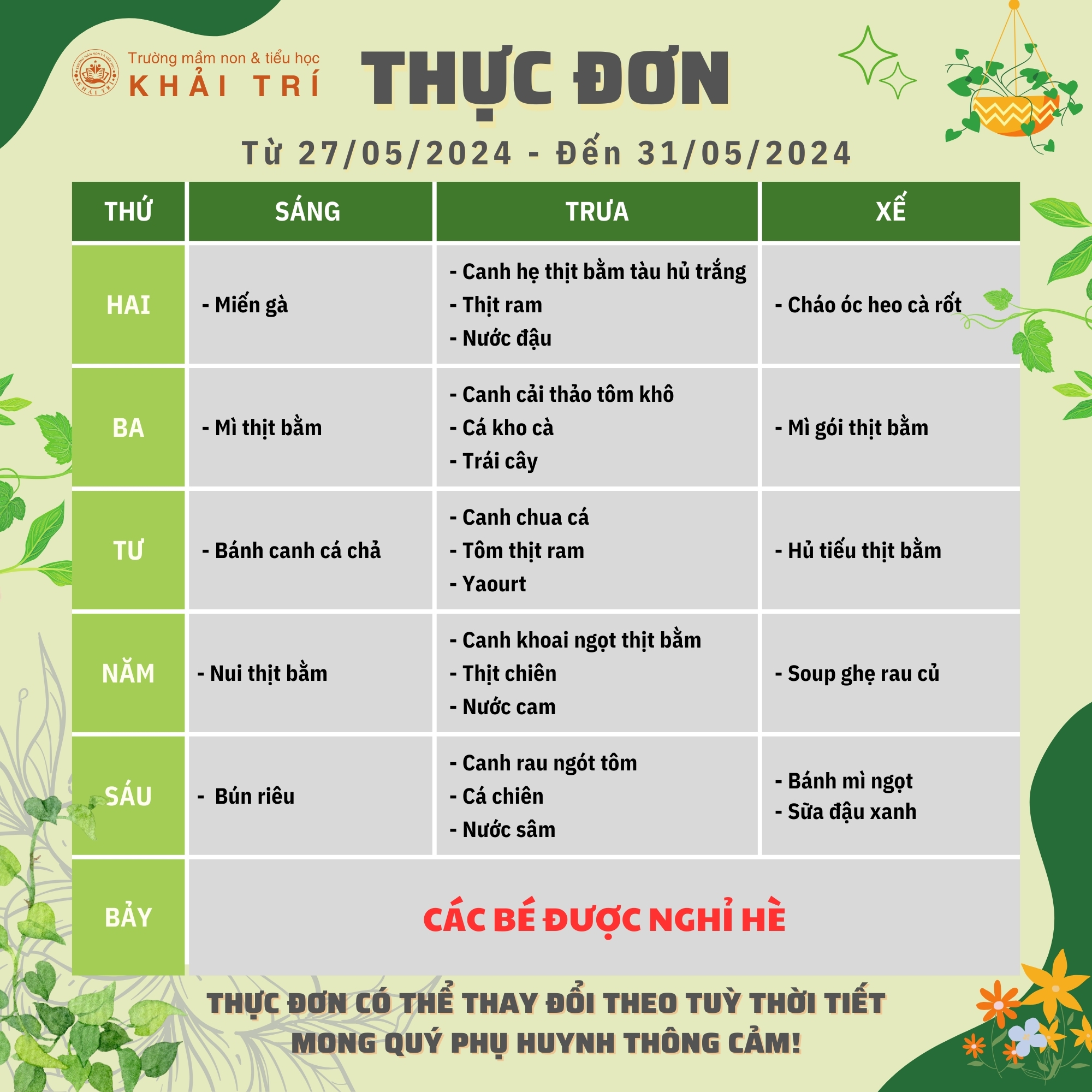 Thực Đơn Tuần Mới (Từ 27/05/2024 - 31/05/2024)